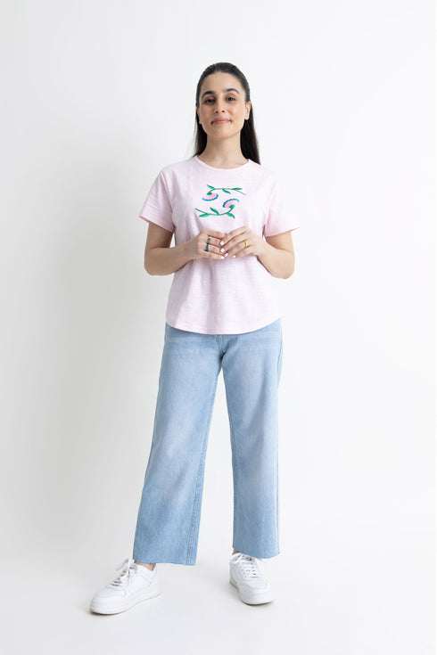 Pink Flower Embroidery T-Shirt